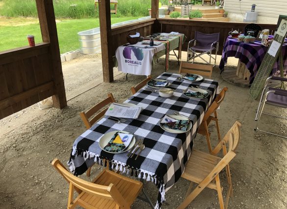 Ein mit karierter Tischdecke, Tellern und Stoffservietten gedeckter Tisch in einem überdachten Pavillon unter freiem Himmel