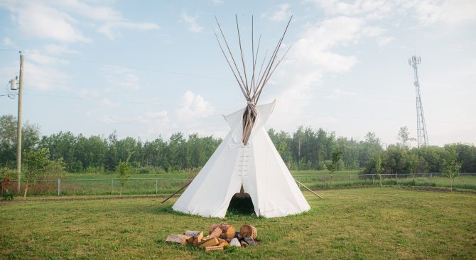 Un tipi blanco en un campo con troncos cortados delante de la entrada.