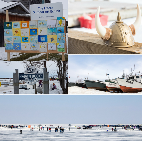 Gimli's picturesque charm showcased through a series of images, featuring fishing, main dock with boats, viking hats, and art