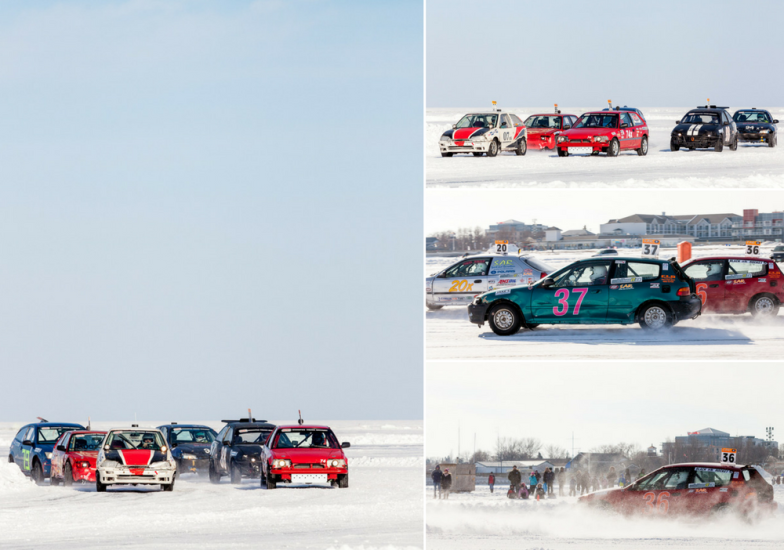 Adrenaline-filled ice car race captured in a series of dynamic images, showcasing the excitement and skill of the competitors