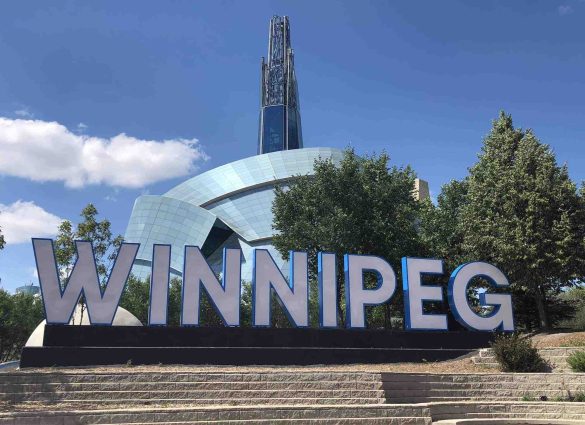 Winnipeg sign in front of the CMHR.