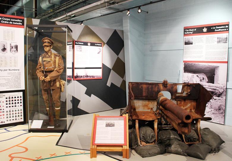 An old soldier figurine displayed alongside a vintage artillery cannon, embodying the legacy of military service through time