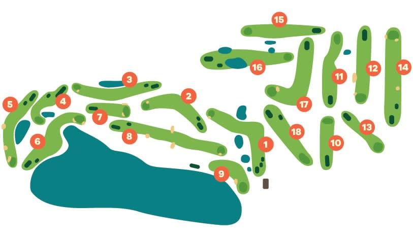 Killarney Golf Course full map featuring water connected to the front nine, highlighting scenic golfing in Manitoba.