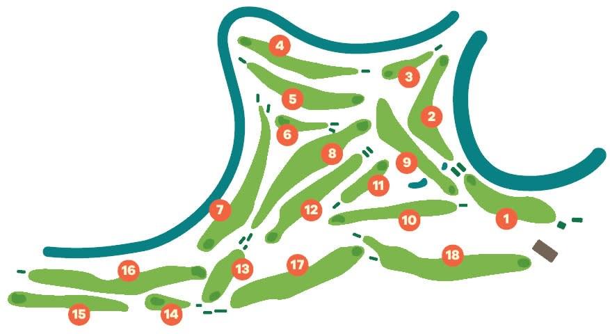 Wheatcity Golf Course green map featuring water surrounding half its perimeter, highlighting its scenic layout in Manitoba.