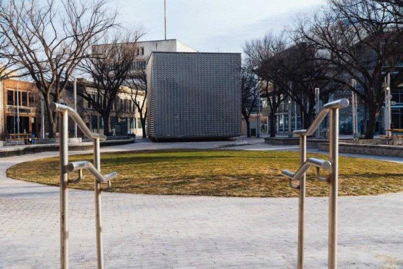 The Cube in downtown Winnipeg, showcasing its unique architectural design and urban setting in Manitoba.