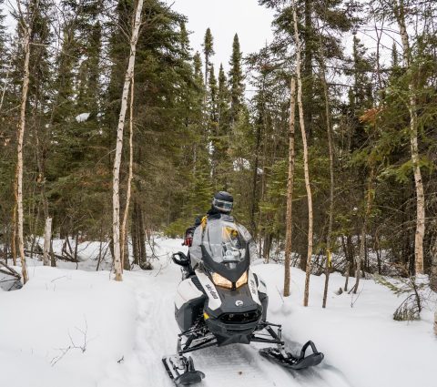 Una persona en una moto de nieve en el bosque cerca de Thompson.
