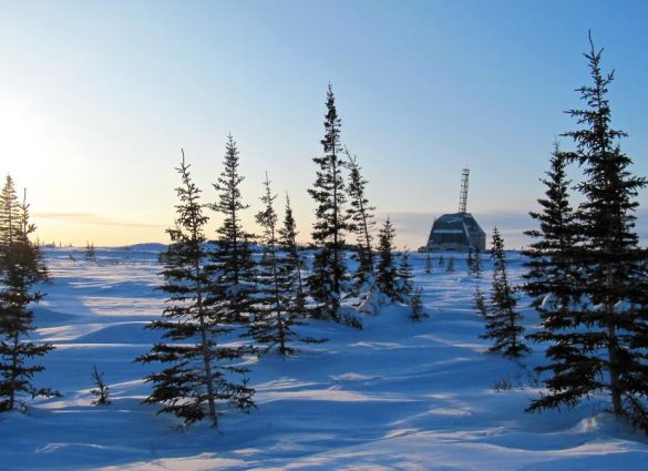 Looking through the thin pine forest at the Churchill Rocket Research Range in winter.