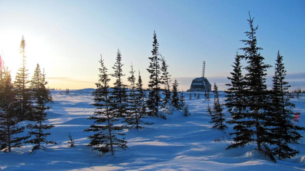 Blick durch den lichten Kiefernwald auf der Churchill Rocket Research Range im Winter.