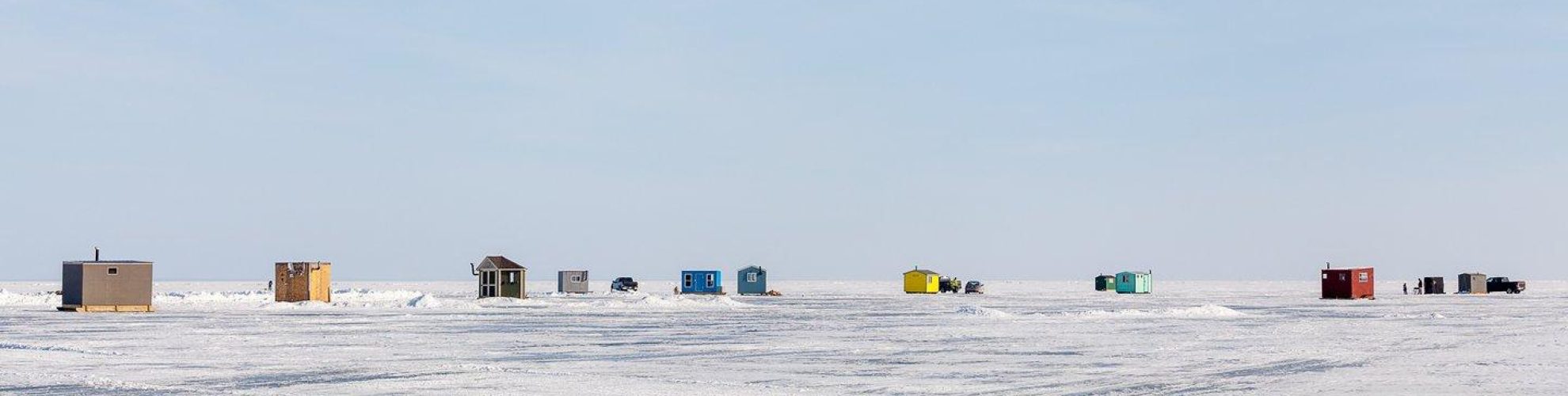 Ice fishing huts on Lake Winnipeg near Gimli