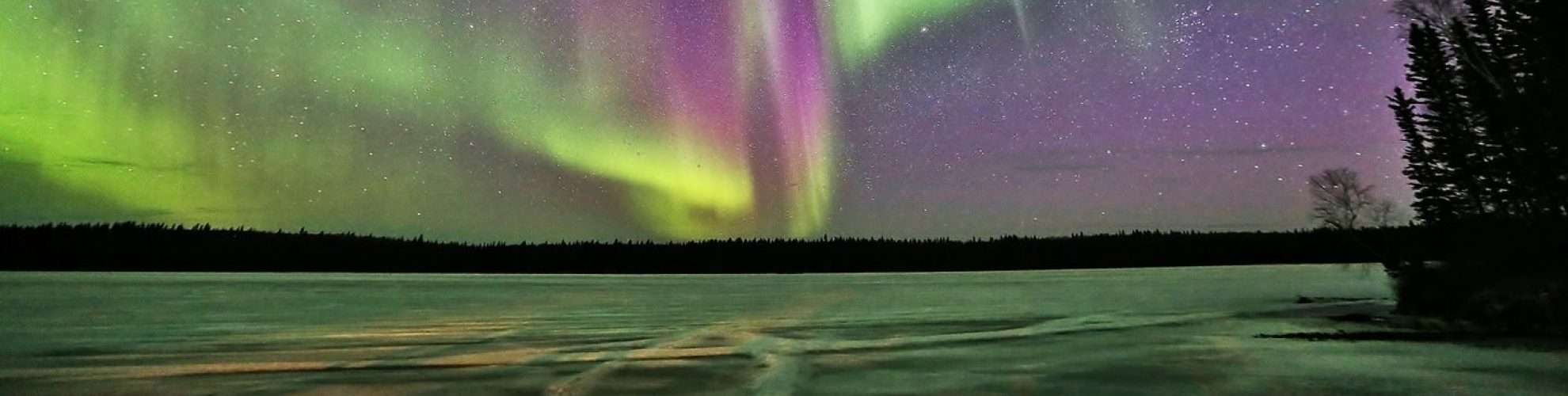Auroras boreales en verdes y rosas sobre un lago helado.