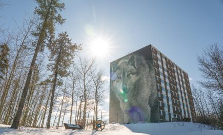 Vista del mural del lobo en el lateral de un bloque de apartamentos en un soleado día de invierno en Thompson.