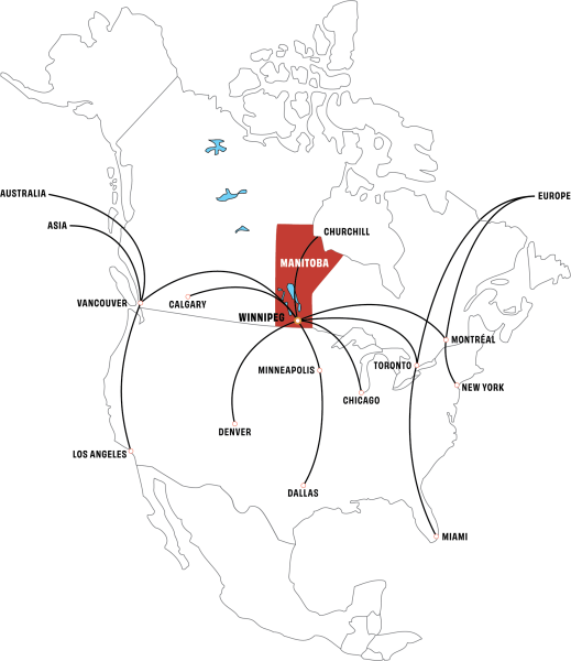 Mapa ng flight ng North America na nagpapakita ng mga flight papuntang Winnipeg, Manitoba