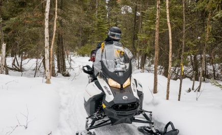 Schneemobilfahrt durch die Bäume bei Thompson.