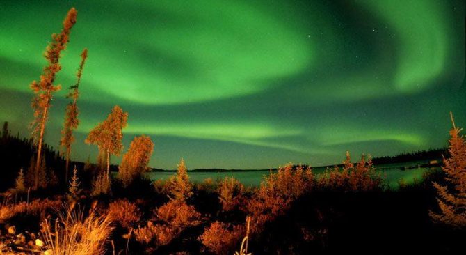 Dans la nuit noire, les aurores boréales offrent un spectacle époustouflant, remplissant le ciel de lumières vives et colorées.