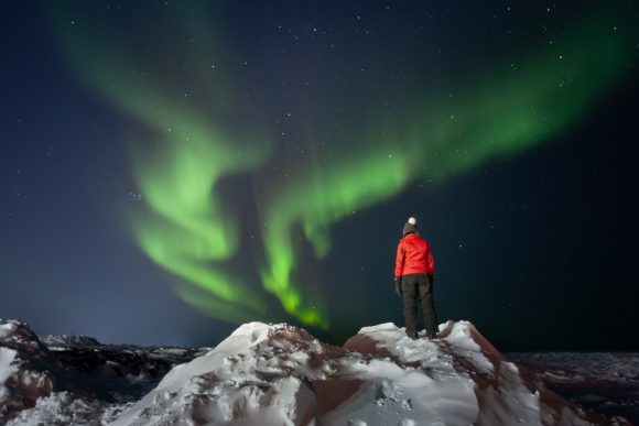 A person in a red winter jacket stands on a snowy outcrop at night, watching green aurora borealis in the dark night sky.