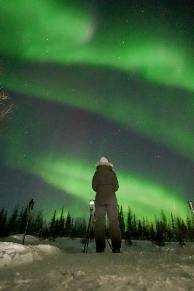 A person with a tripod watches sweeping green aurora borealis ribbons arc over a snowy spruce forest at night.