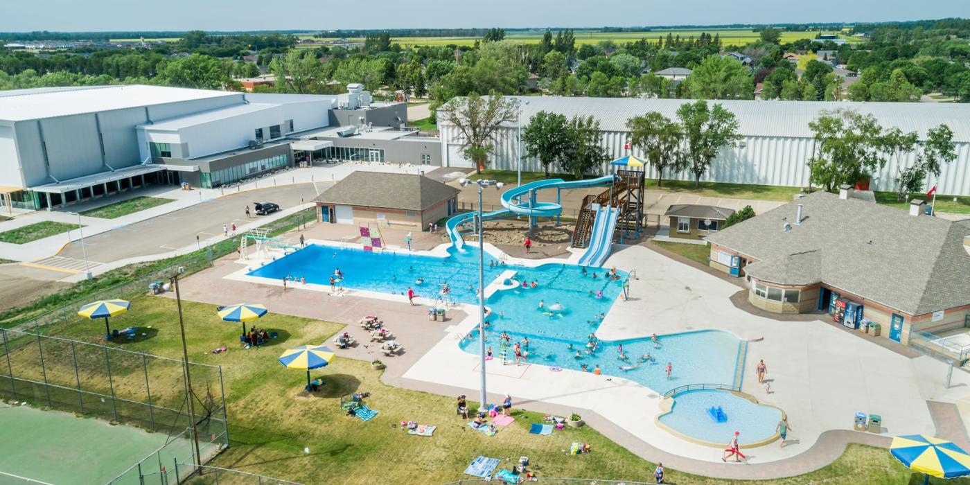 View from above of the Winkler Aquatic Centre