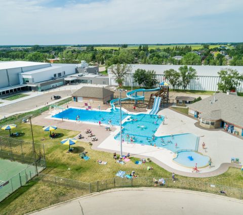 View from above of the Winkler Aquatic Centre