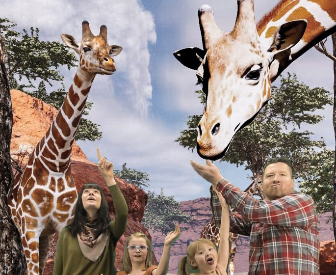 Photo from the zoo experience of the family posing with hologram giraffe's in the dessert.
