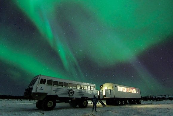 Someone standing outside of Dan's Diner on the tundra, watching the northern lights.