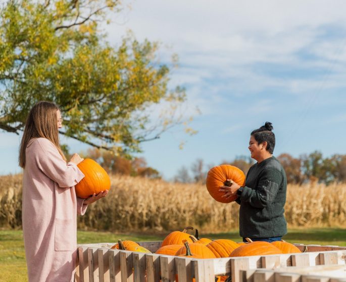 Two women each holding a medium-sized orange pumpkin at a pumpkin patch in Manitoba