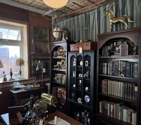 Un coin d'une boutique d'antiquités faiblement éclairée, avec des objets de collection en laiton et des bibliothèques en bois foncé remplies de livres anciens.