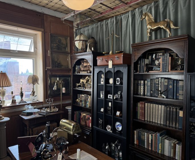 Corner of an darkly lit antique shop with brass collectibles and dark wood bookcases filled with antique books.