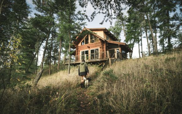 Mann geht mit Hund in Richtung Hütte im Wald