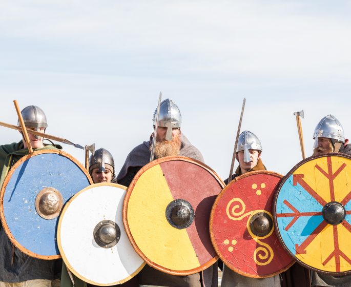 Vikings line up for battle at the Icelandic Festival in Gimli