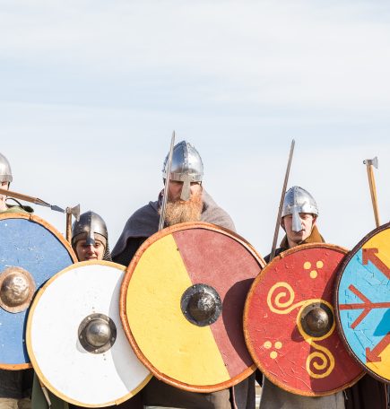 Vikings line up for battle at the Icelandic Festival in Gimli