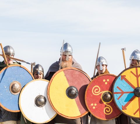 Vikings line up for battle at the Icelandic Festival in Gimli