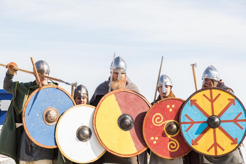 Vikings line up for battle at the Icelandic Festival in Gimli