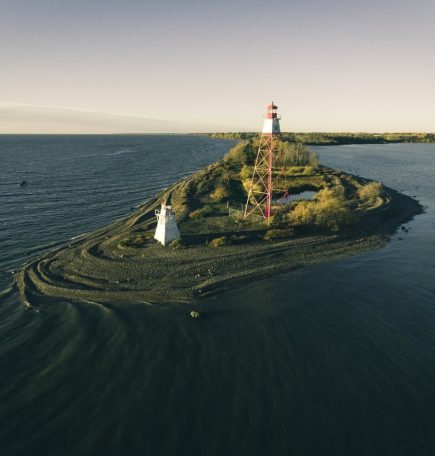 Aerial shot of the two lighthouses on the peninsula at Hecla Provincial Park.