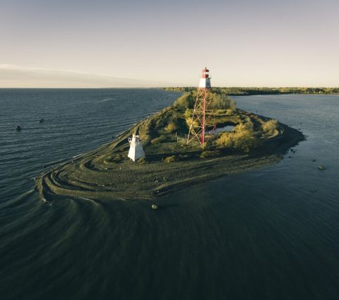Aerial shot of the two lighthouses on the peninsula at Hecla Provincial Park.
