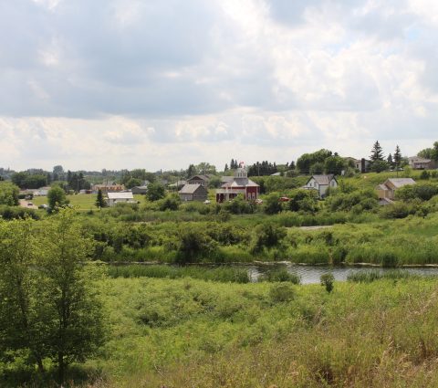 Vue de maisons au milieu de la brousse près d'une rivière à Minnedosa