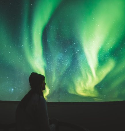 Silhouette of a person watching the green lights of the northern lights dancing in the sky.