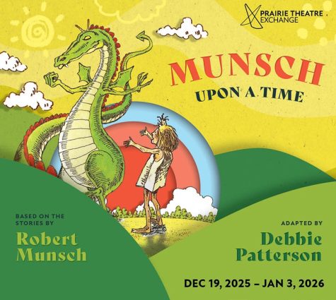 Un enfant illustré fait face à un dragon vert amical dans une promotion pour le spectacle Munsch Upon a Time du Prairie Theatre Exchange.