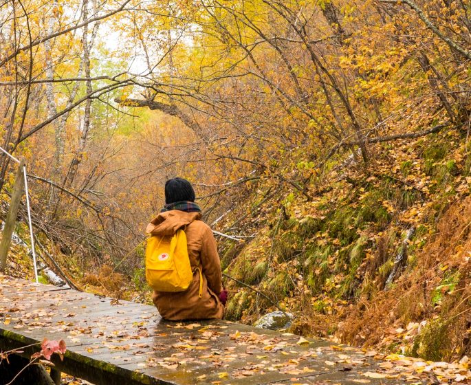 Eine Frau sitzt auf einer Holzbrücke und bewundert die fallenden Herbstblätter. Sie trägt ihren gelben Rucksack, der sich mit den Farben der Natur vermischt.