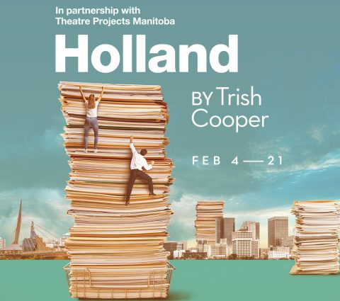 Dalawang tao ang umakyat sa malalaking stack ng mga papel na may skyline ng lungsod sa likod, na nagpo-promote ng dulang "Holland" ni Trish Cooper.