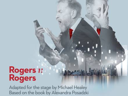 Two overlapping images of a person in a suit reacting emotionally above a cityscape in a promo for Rogers vs Rogers.