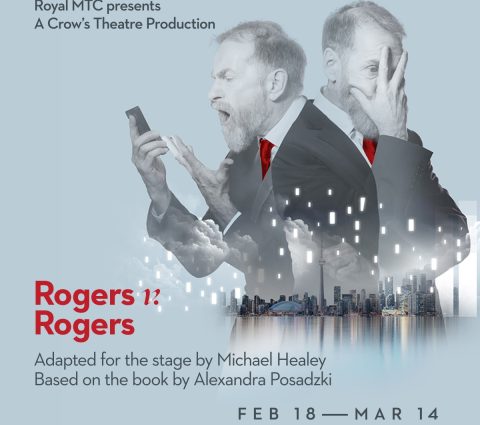 Two overlapping images of a person in a suit reacting emotionally above a cityscape in a promo for Rogers vs Rogers.