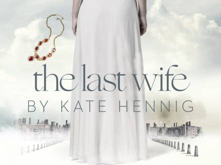 Figure in a long white dress stands above a misty palace scene in a promo for the play “The Last Wife” by Kate Hennig.