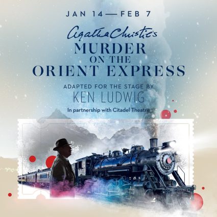 Steam train in snowy mountains with a silhouetted figure in a promo for Agatha Christie’s Murder on the Orient Express stage.