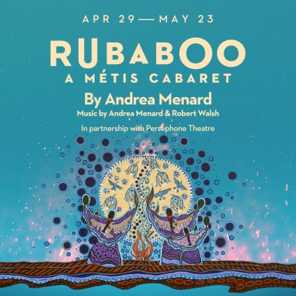 Illustrierte Figuren in von Métis inspirierter Kunst tanzen um ein Feuer unter einem glühenden Mond und werben für Rubaboo: A Métis Cabaret.