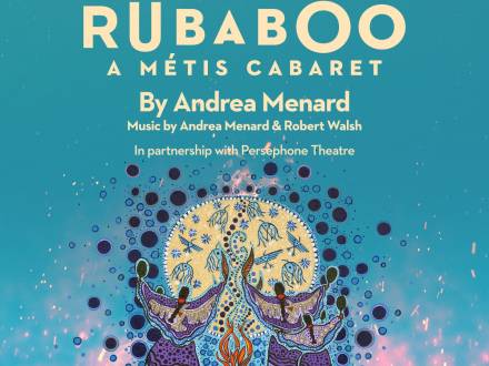 Illustrated figures in Métis-inspired art dancing around a fire beneath a glowing moon, promoting Rubaboo: A Métis Cabaret.