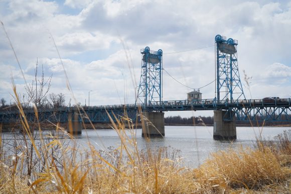 Vista del puente de Selkirk a través de las hierbas de la orilla del río.