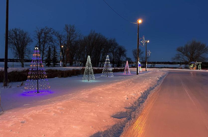 View from the Brandon skating oval looking at the ice path ahead and the tree shaped light displays.