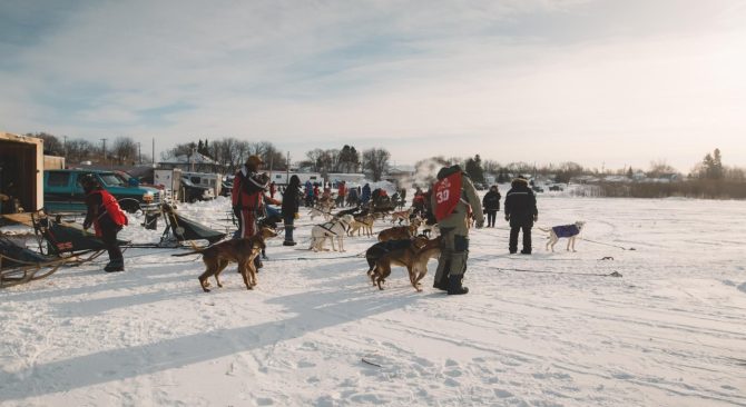 Des personnes se préparant pour une course de traîneaux à chiens par une journée d'hiver ensoleillée à The Pas, au Manitoba