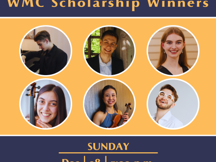 Poster announcing the 2025 WMC Scholarship Winners with performer photos and event details for Dec 28 in Winnipeg.