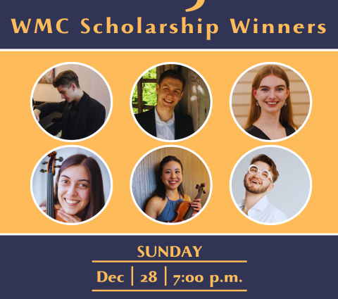 Poster announcing the 2025 WMC Scholarship Winners with performer photos and event details for Dec 28 in Winnipeg.